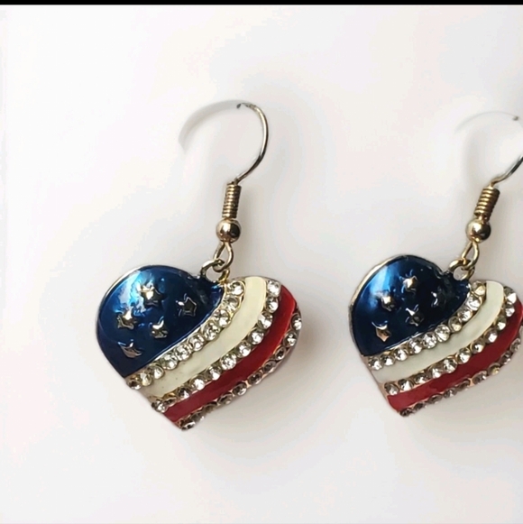Austrian Crystal Enamel Patriotic Heart Flag Pierced Earrings - Picture 8 of 9